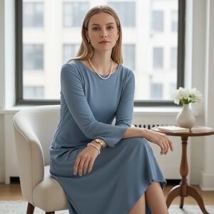 Eileen Fisher Blue Bell‎ Sleeve Knit Dress Large Minimalist Chic Quiet Luxury